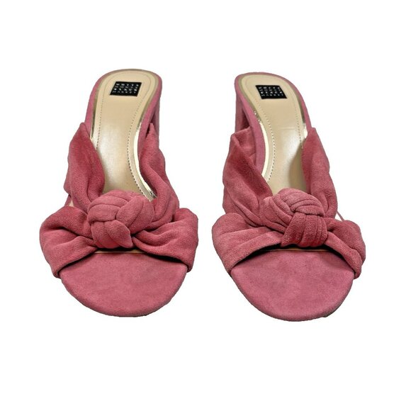 WHBM Callie Open Toe Sandals 8.5 Pink Faux Suede Knot Block Heel 8 1/2 - Picture 1 of 7